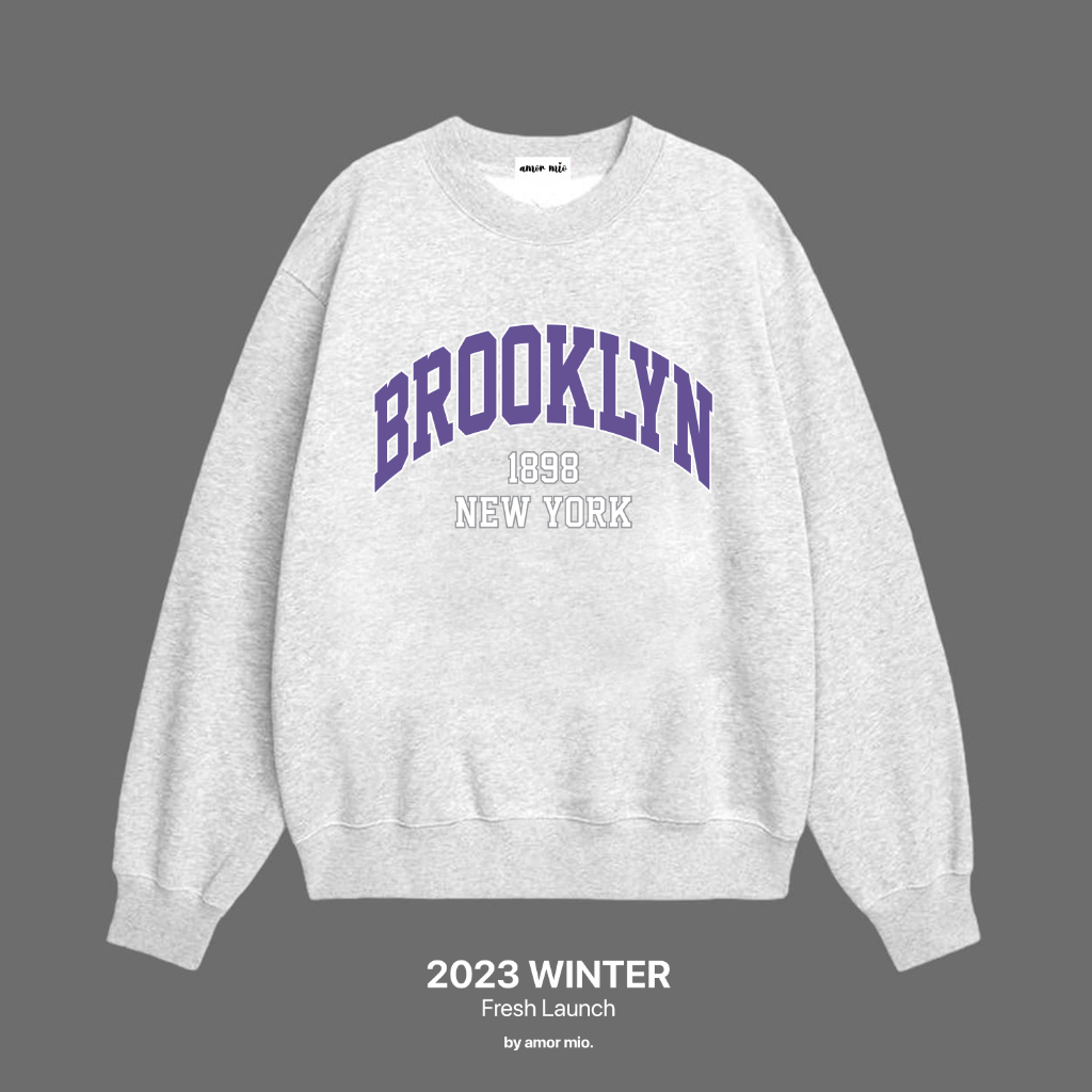 Áo sweater chữ BROOKLYN nỉ bông màu tiêu sáng AMOR STUDIO nam nữ mặc được có size tới 85kg