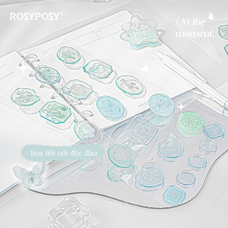 Set 25 sticker nhựa dập nổi dạng con dấu đính tem thư màu pastel