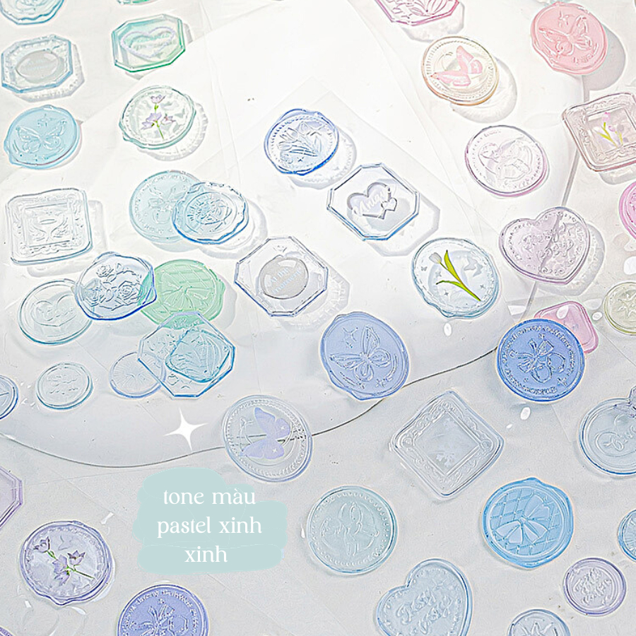 Set 25 sticker nhựa dập nổi dạng con dấu đính tem thư màu pastel