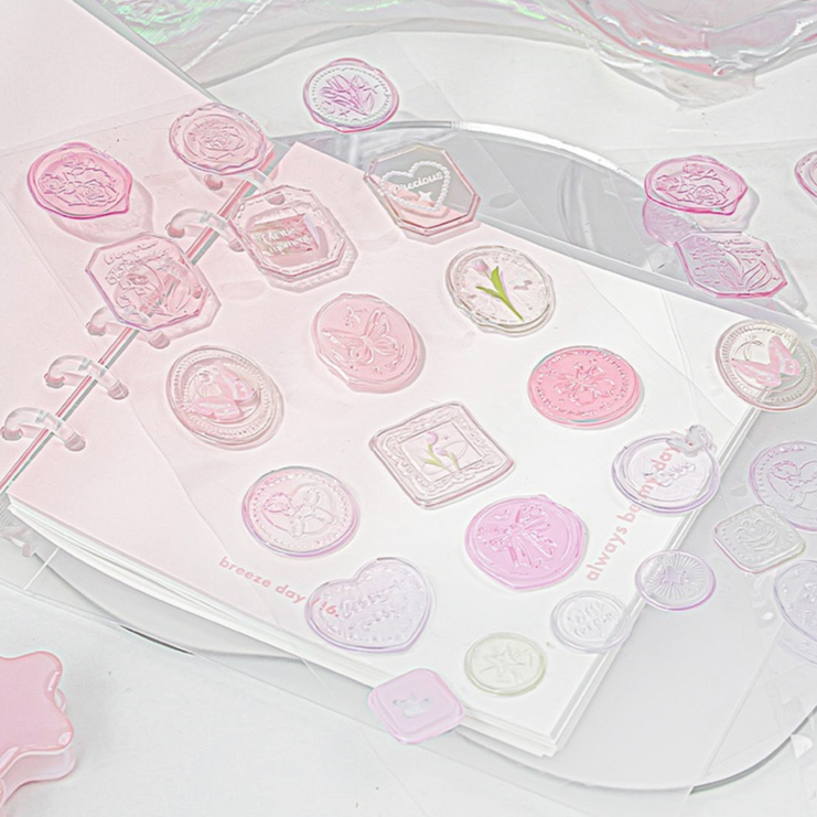 Set 25 sticker nhựa dập nổi dạng con dấu đính tem thư màu pastel