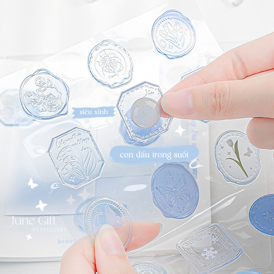Set 25 sticker nhựa dập nổi dạng con dấu đính tem thư màu pastel