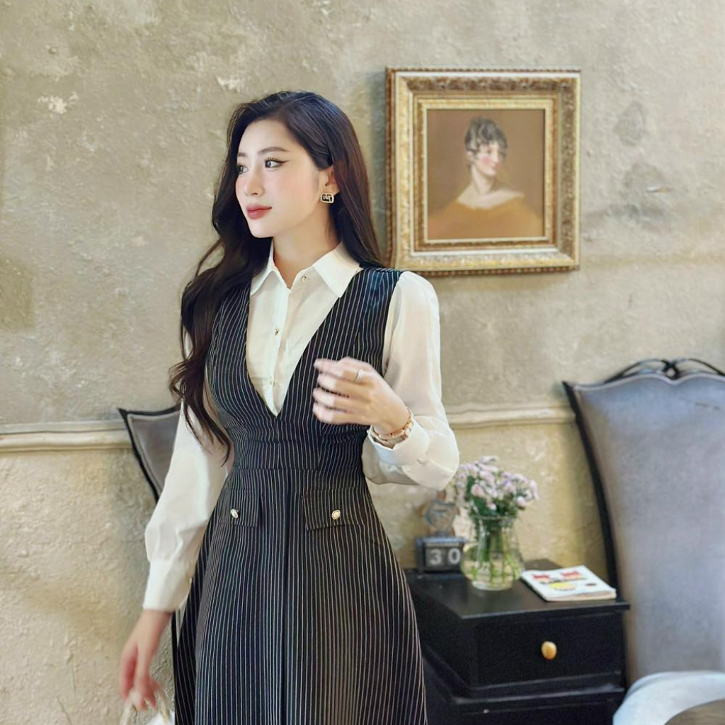 Đầm Thiết Kế MAY PS51 Màu Đen Phối Kẻ - Váy Thiết Kế Sang Trọng Chuẩn MAY