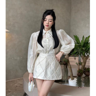 SET ÁO SƠ MI TƠ THÊU HOA + CHÂN VÁY Ô KEM ĐÍNH ANGIHOME( Có ảnh thật)