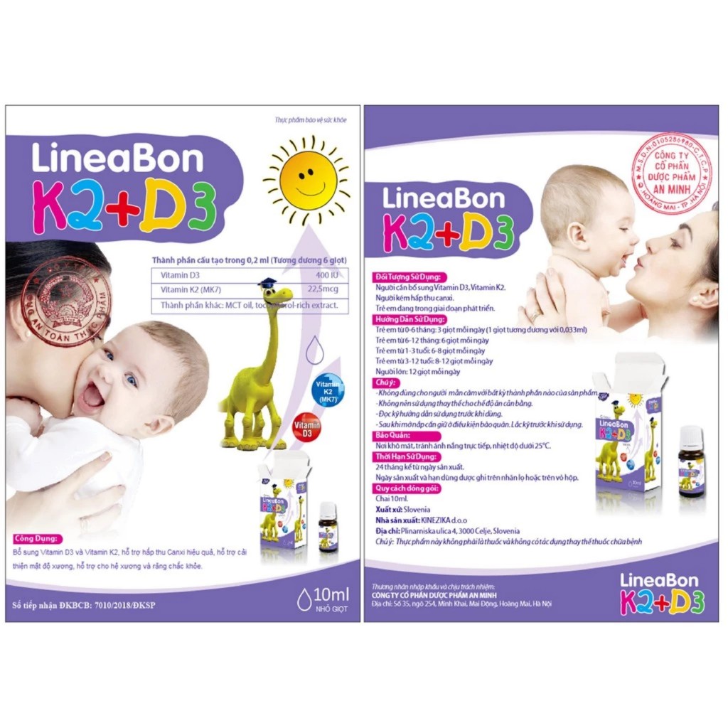 Lineabon - Vitamin D3 K2 Tinh Khiết Giúp Bé Ngủ Ngon, Cao Lớn 10ml
