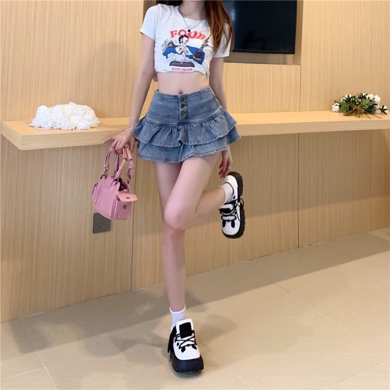 Váy jeans tầng xoè, chân váy jeans, chân váy tầng, váy jeans xoè tầng, váy jeans uzzlang, váy ngắn