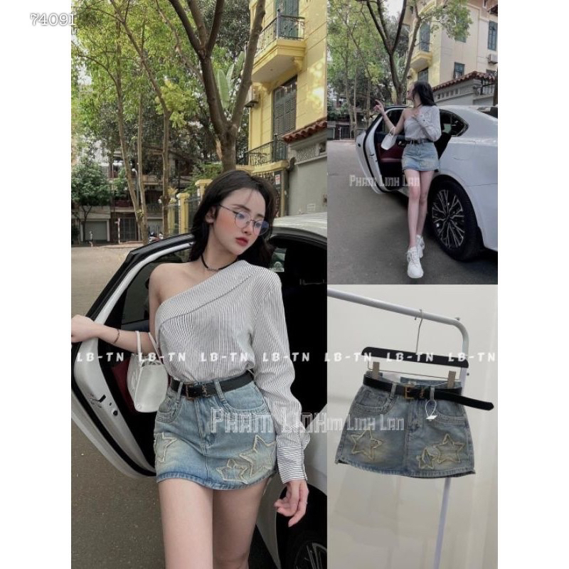 Chân váy jean ngôi sao co giãn lưng cao