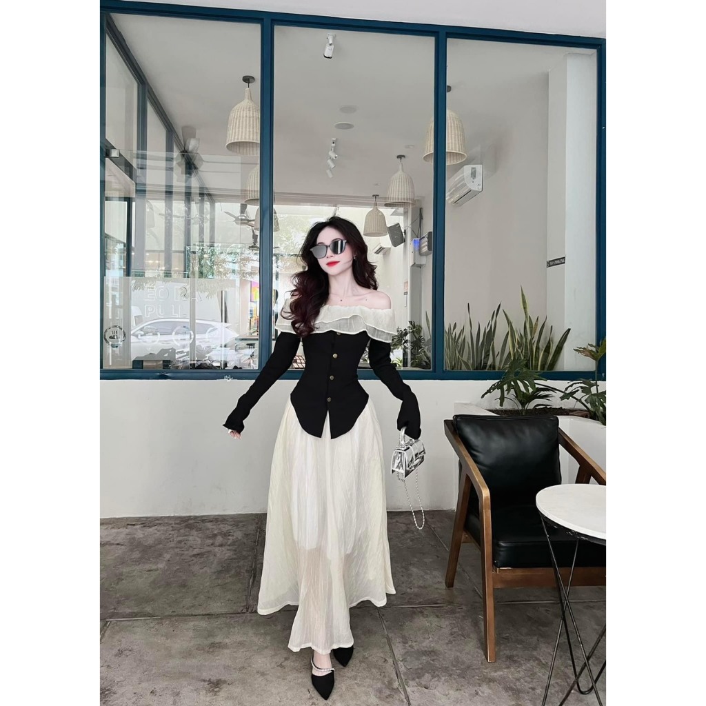 Set Bộ 2 Món: Áo Trễ Vai Dài Tay Phối Voan Đính Nút + Chân Váy Xòe Thời Trang Nữ Xinh Xắn, Nhẹ Nhàng