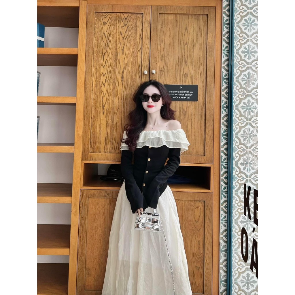 Set Bộ 2 Món: Áo Trễ Vai Dài Tay Phối Voan Đính Nút + Chân Váy Xòe Thời Trang Nữ Xinh Xắn, Nhẹ Nhàng