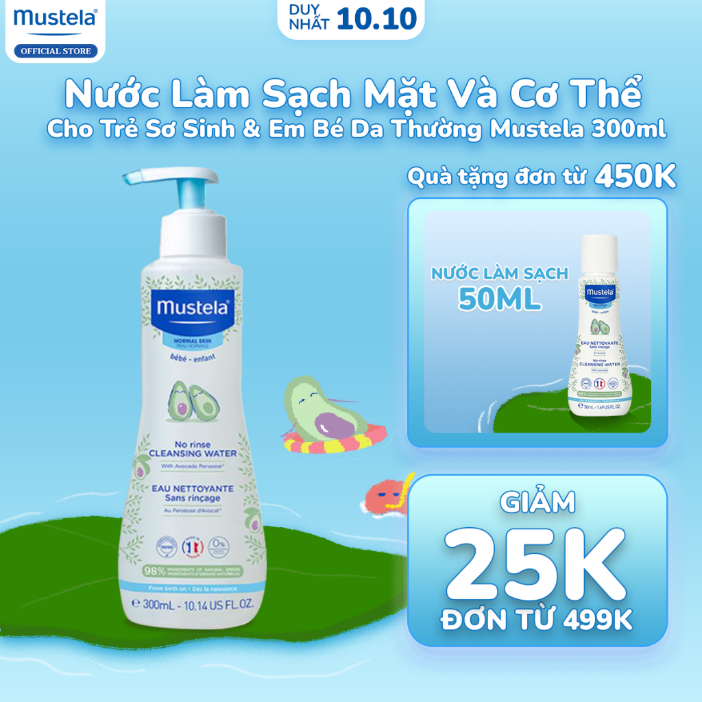 Nước Làm Sạch Mặt Và Cơ Thể Cho Trẻ Sơ Sinh & Em Bé Da Thường Mustela 300ml