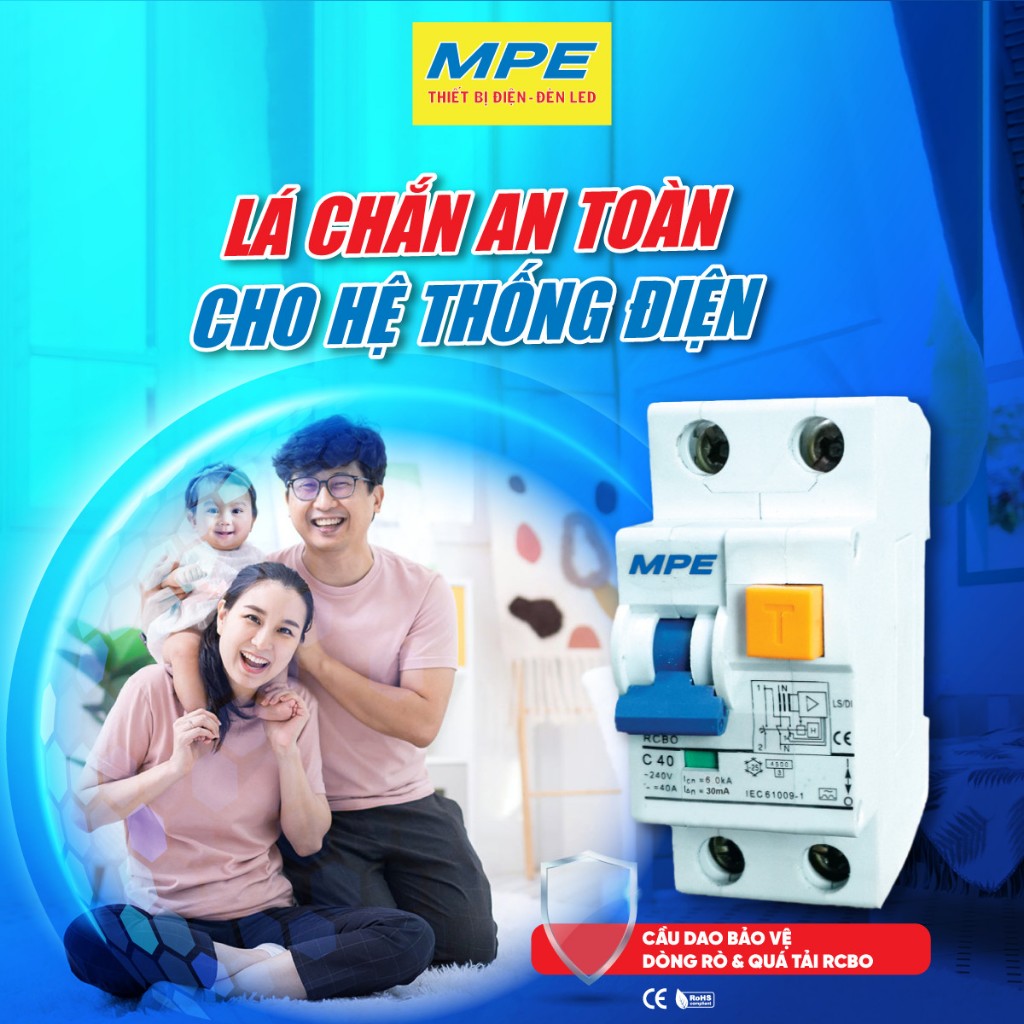 RCBO 1 pha 2P chống giật rò quá tải ngắn mạch CB CP Aptomat Át tô mát 16A 20A 25A 32A 40A 63A 15mA 30mA MPE - LOLi