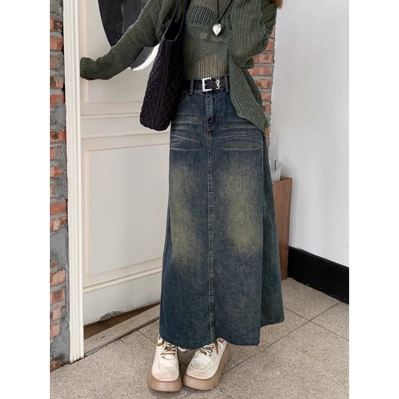 Chân váy jean trơn dài cắt gấu
