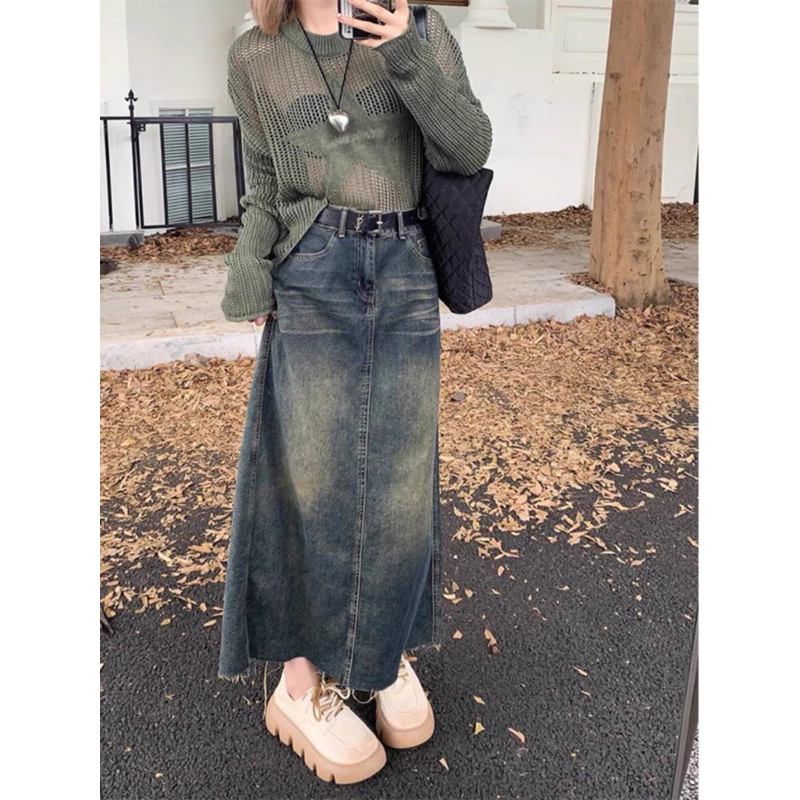 Chân váy jean trơn dài cắt gấu