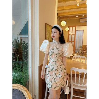 [DTB] 🥀 ĐẦM TÀU HOA CAM SỮA TAY PHỒNG TAFTA