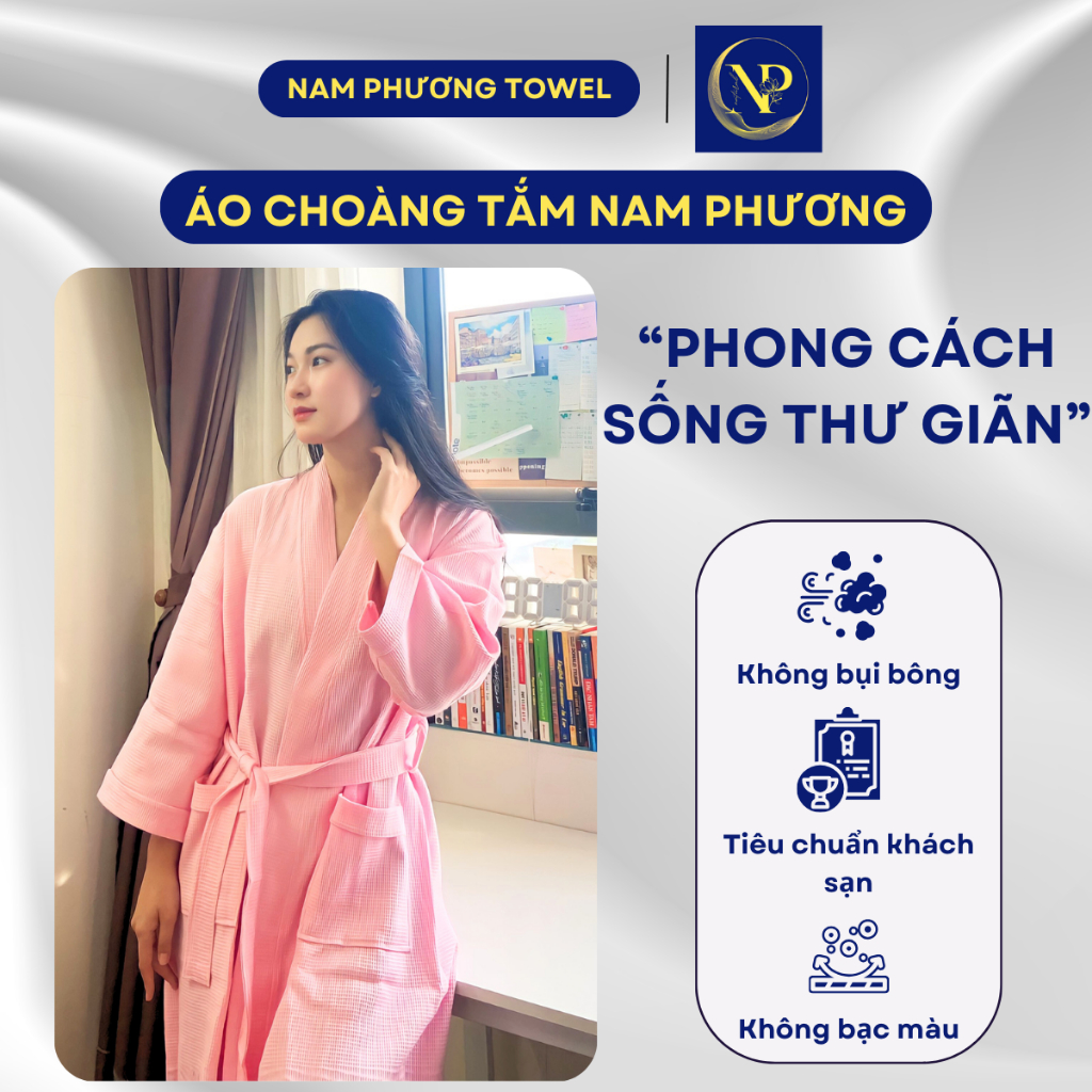 Áo Choàng Tắm Nữ Cao Cấp Nam Phương 100% Cotton Họa Tiết Tổ Ong Mềm Mại Dùng Trong Khách Sạn, Spa, Đi Biển, Đi Ngủ