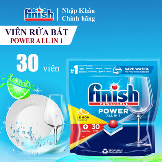 Viên rửa chén Finish all in one cho máy rửa bát - Bịch 30 viên hương chanh màng tự tan với công thức Powerball 10X