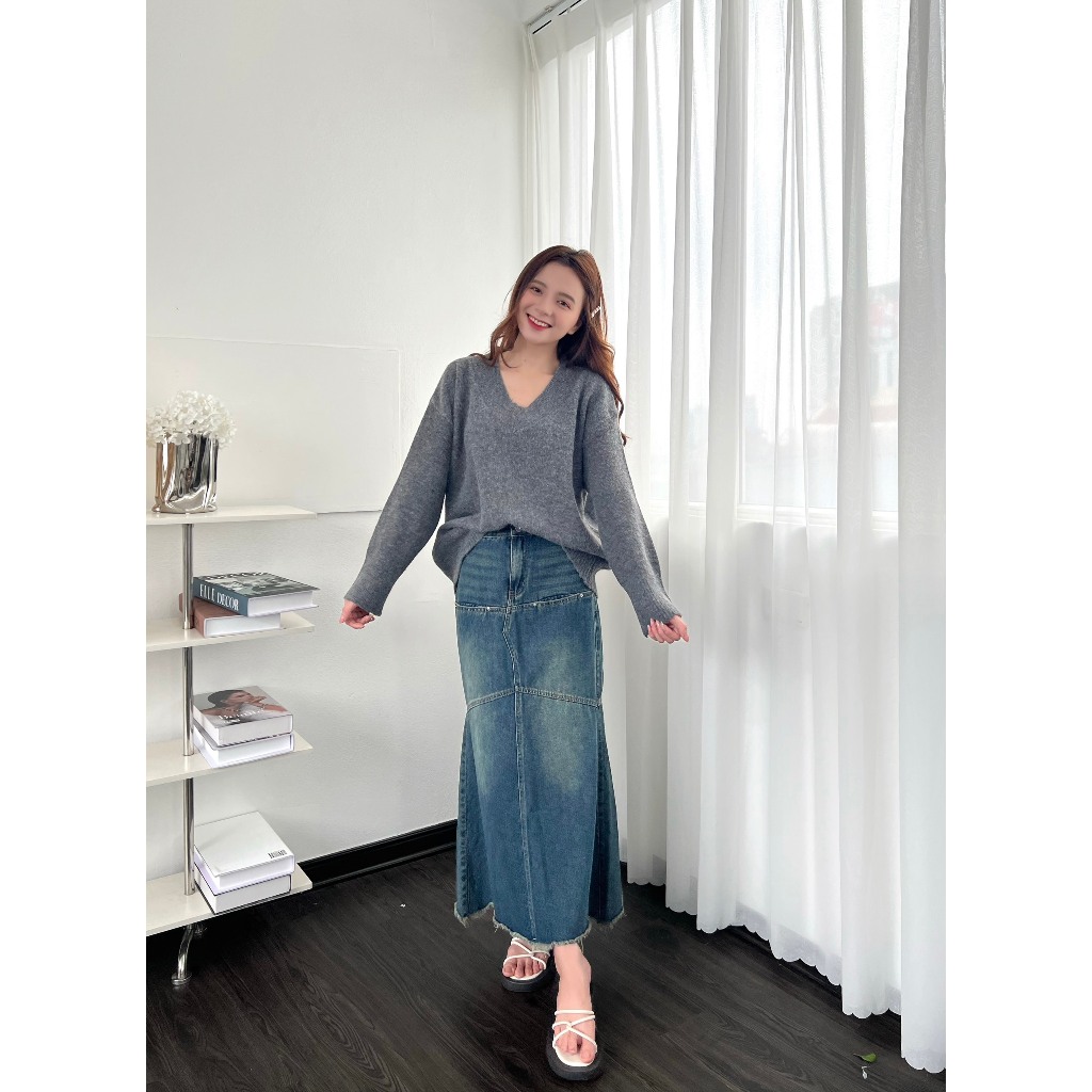 Áo len lông thỏ cổ tim from suông , dáng dài UNIZ Aolencotim955/P5K10