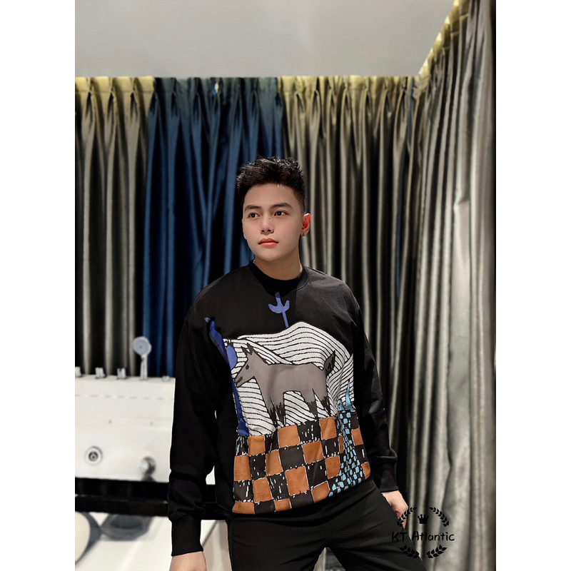 Áo nỉ nam hình LV đen dài tay in 3D cao cấp