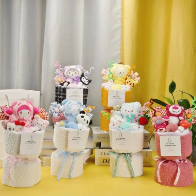 Bó hoa gấu, thỏ bông, cinamoroll, kulomi kèm túi xách, sticker, thiệp và đèn