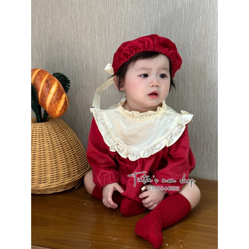Sét body chip nhung cổ bèo kèm mũ nồi cho bé gái 3-18M