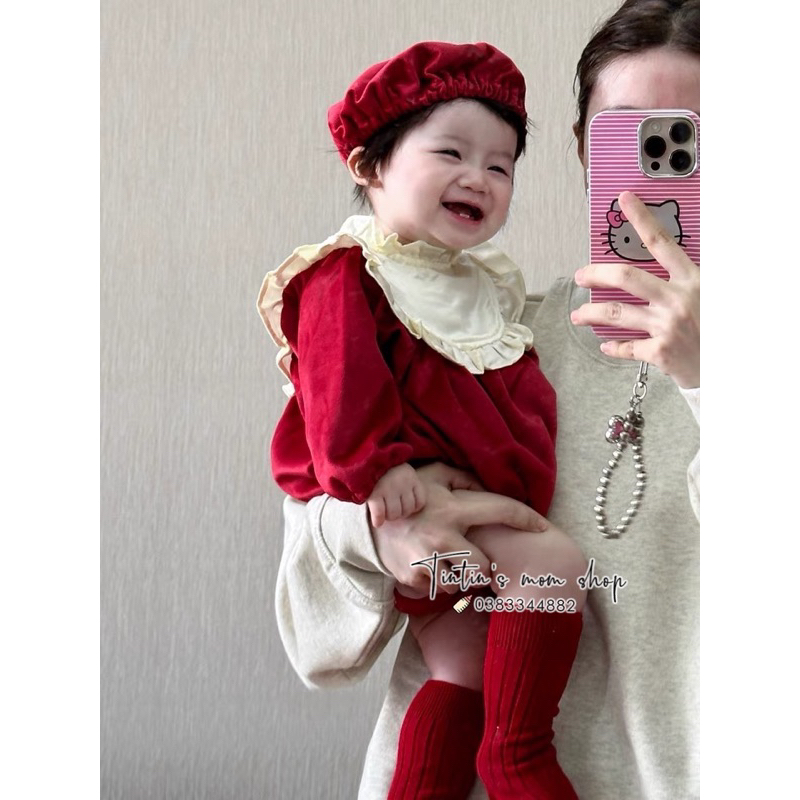 Sét body chip nhung cổ bèo kèm mũ nồi cho bé gái 3-18M