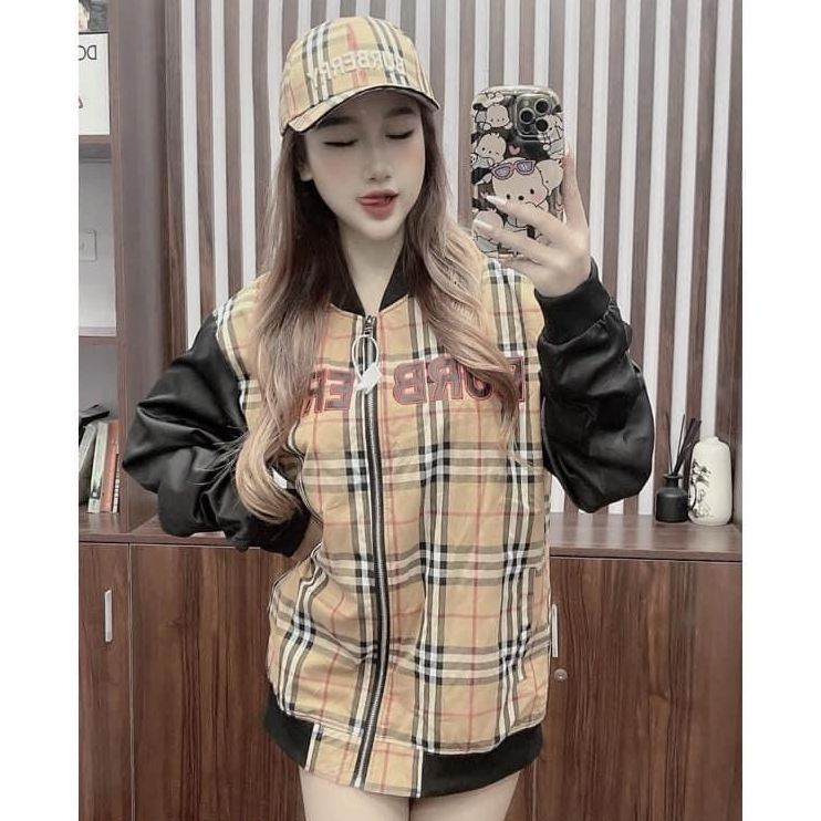 Áo Khoác Bomber Gió Nam Nữ Burb.erry Hoạ Tiết Kẻ Sọc Caro Thêu Logo Chữ Đỏ Pha Tay Đen Khoá Zip Cho Các Boy Phố 2023