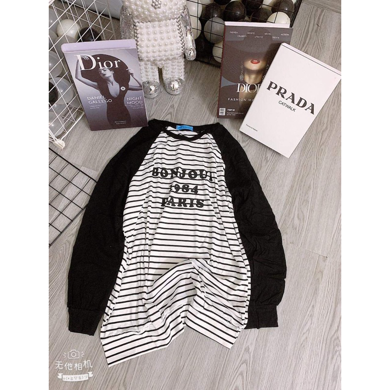 Áo Thun Giấy Phối Tay Kẻ Sọc 1984 Oversize -Áo Thun Giấy Basic Dáng Dài Trùm Mông Hot Trend Thu Đông-Halinh Chuyên Sỉ