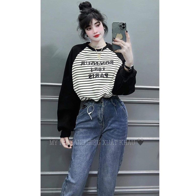 Áo Thun Giấy Phối Tay Kẻ Sọc 1984 Oversize -Áo Thun Giấy Basic Dáng Dài Trùm Mông Hot Trend Thu Đông-Halinh Chuyên Sỉ