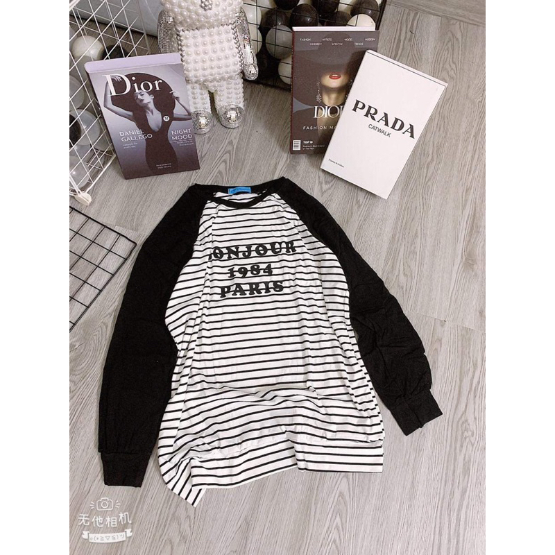 Áo Thun Giấy Phối Tay Kẻ Sọc 1984 Oversize -Áo Thun Giấy Basic Dáng Dài Trùm Mông Hot Trend Thu Đông-Halinh Chuyên Sỉ