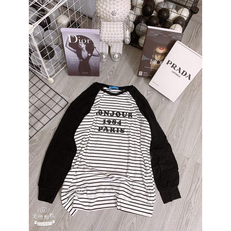 Áo Thun Giấy Phối Tay Kẻ Sọc 1984 Oversize -Áo Thun Giấy Basic Dáng Dài Trùm Mông Hot Trend Thu Đông-Halinh Chuyên Sỉ