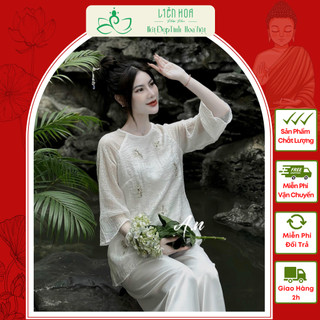 Đồ lam đi chùa liên hoa, set lam lụa tơ hương thêu cúc chi - pháp phục liên hoa