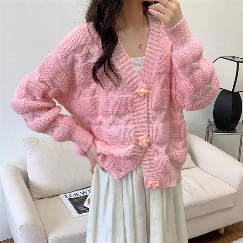 Áo len cardigan màu hồng cho nữ , Cúc Cài Cổ V Khoác Ngoài - phong cách hàn quốc mấu mới 2023 2024