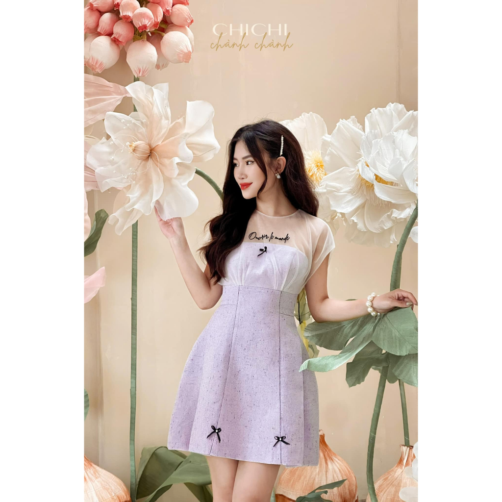 CHICHI - Váy tex tweed muối tiêu phối cùng lưới cao cấp, chi tiết chữ thêu ngực Robe Pétale