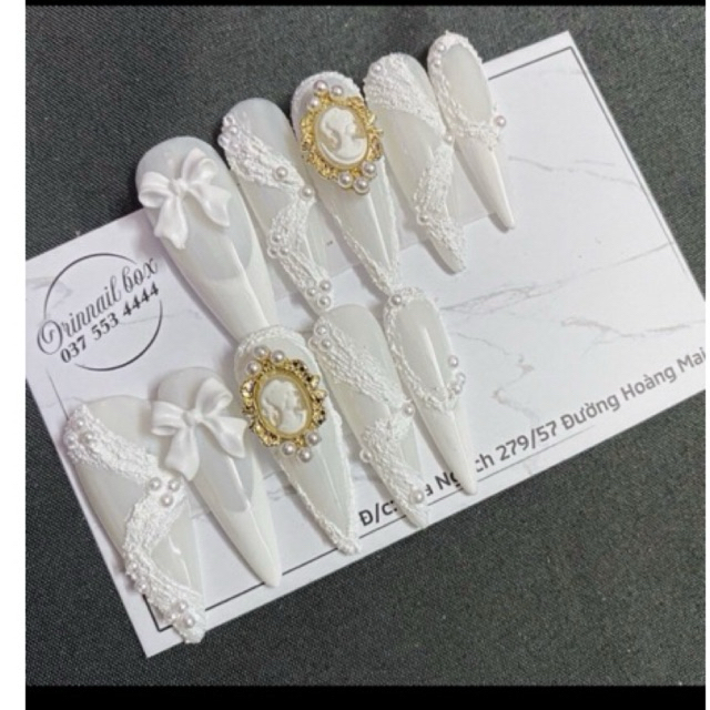Nailbox thiết kế đính nơ hoạ tiết kẻ dạ tặng keo và dũa mẫu nail sang trọng