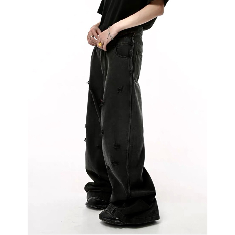 Quần Jean M4 Unisex Form Suông Màu Đen Wash