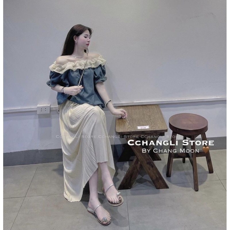 Áo Váy Jean Trễ Vai Nữ Viền Bèo Dài Tay - Halinh Shop - Áo Trễ Vai Bò Nữ Đính Tag Đá Tặng Kèm Xinh Diện Thu Hàng L1