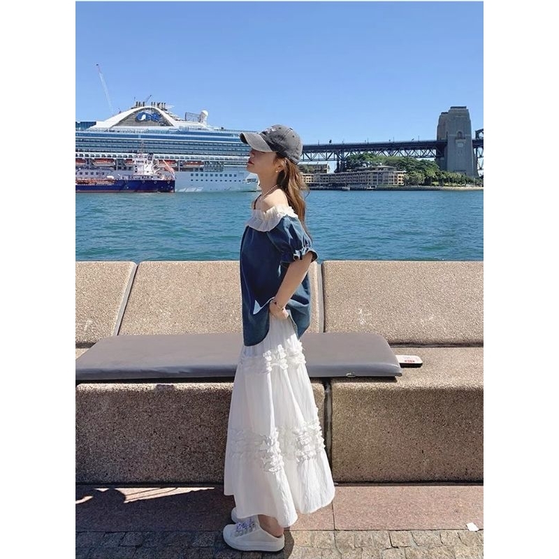 Áo Váy Jean Trễ Vai Nữ Viền Bèo Dài Tay - Halinh Shop - Áo Trễ Vai Bò Nữ Đính Tag Đá Tặng Kèm Xinh Diện Thu Hàng L1