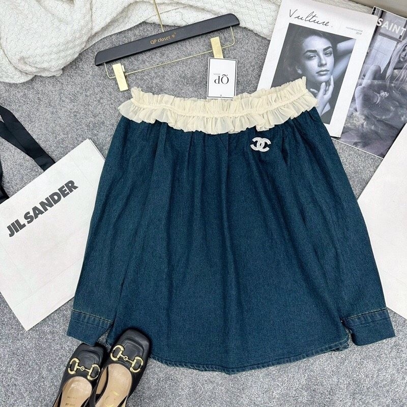 Áo Váy Jean Trễ Vai Nữ Viền Bèo Dài Tay - Halinh Shop - Áo Trễ Vai Bò Nữ Đính Tag Đá Tặng Kèm Xinh Diện Thu Hàng L1