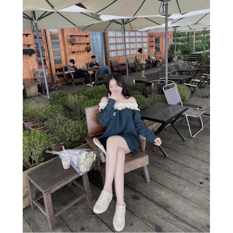 Áo Váy Jean Trễ Vai Nữ Viền Bèo Dài Tay - Halinh Shop - Áo Trễ Vai Bò Nữ Đính Tag Đá Tặng Kèm Xinh Diện Thu Hàng L1