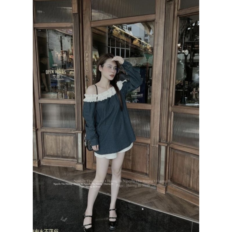 Áo Váy Jean Trễ Vai Nữ Viền Bèo Dài Tay - Halinh Shop - Áo Trễ Vai Bò Nữ Đính Tag Đá Tặng Kèm Xinh Diện Thu Hàng L1