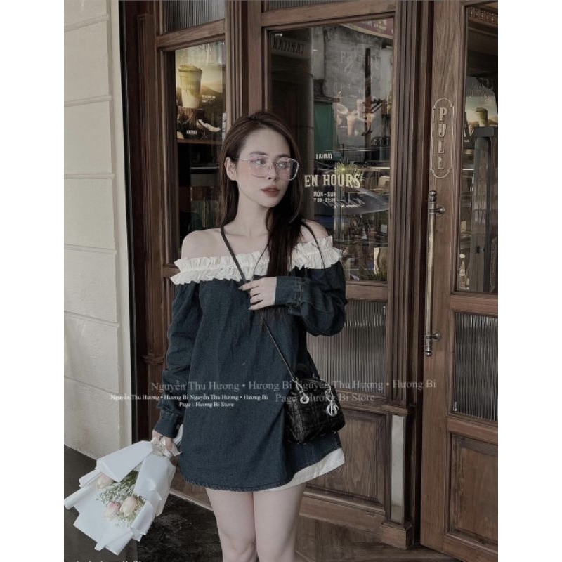 Áo Váy Jean Trễ Vai Nữ Viền Bèo Dài Tay - Halinh Shop - Áo Trễ Vai Bò Nữ Đính Tag Đá Tặng Kèm Xinh Diện Thu Hàng L1
