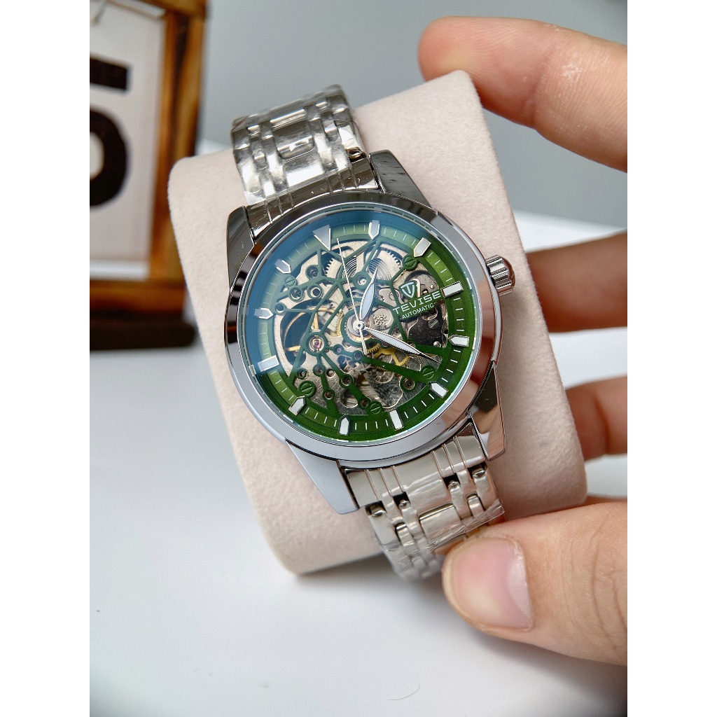 Đồng hồ nam Tevise cơ lộ máy với thiết kế mặt xanh rêu trẻ trung cực sang trọng, NaiWatch