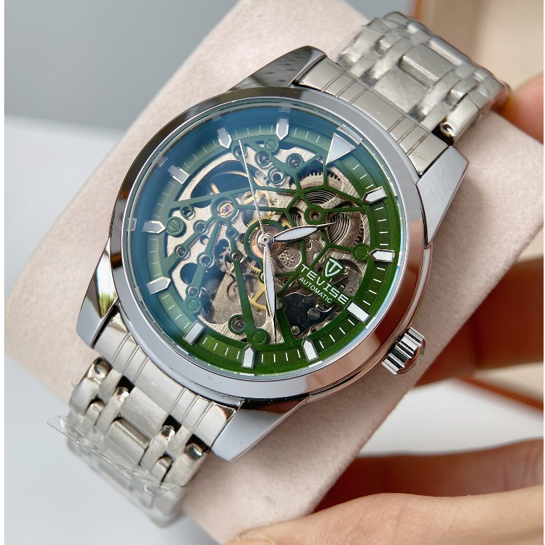 Đồng hồ nam Tevise cơ lộ máy với thiết kế mặt xanh rêu trẻ trung cực sang trọng, NaiWatch