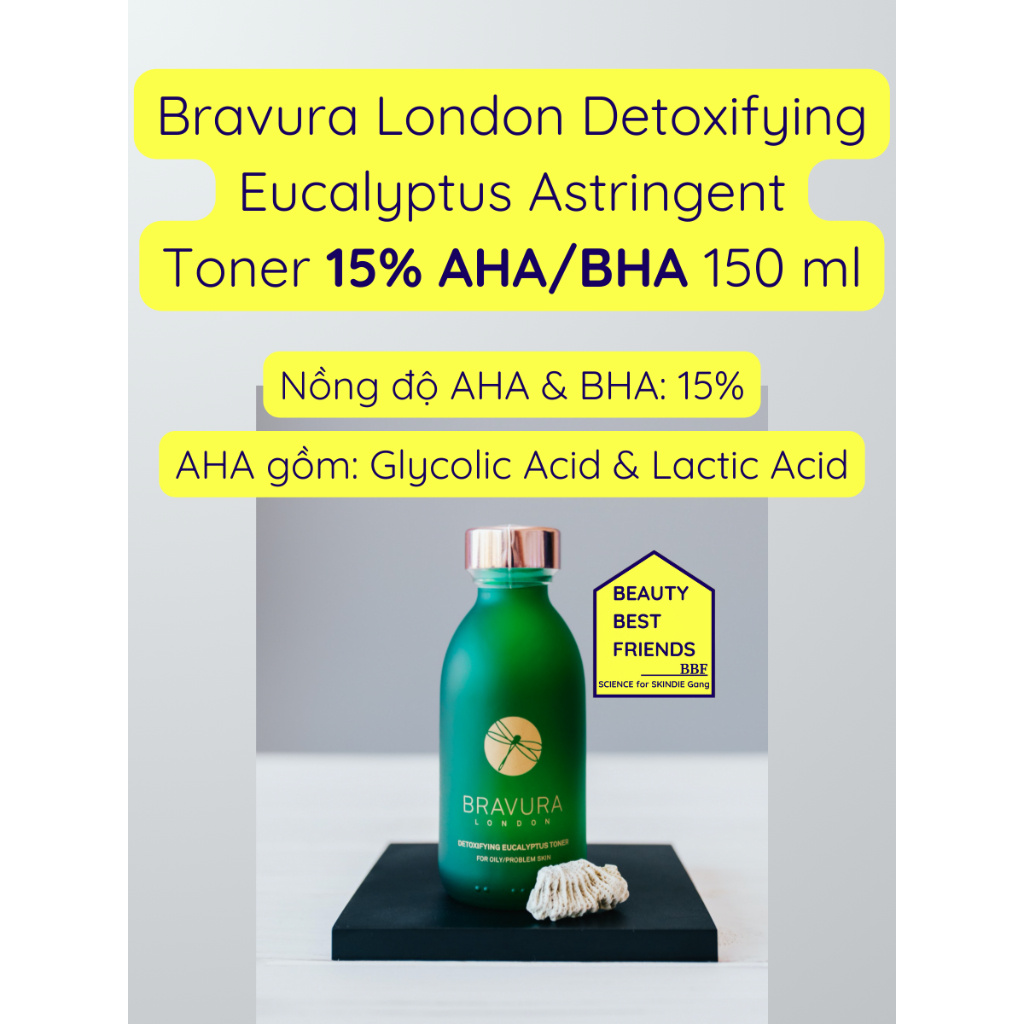 Toner tẩy da chết Bravura London Detoxifying Eucalyptus Astringent Toner 15% AHA/BHA 150ml