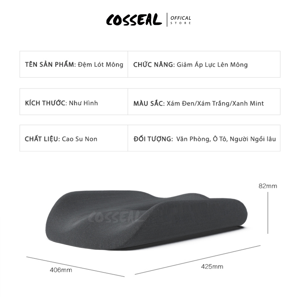 Đệm Mông Cosseal Công Thái Học Cao Su Non Gối Ngồi Thoáng Khí Đệm Lót Ghế Văn Phòng Ô Tô Xe Hơi