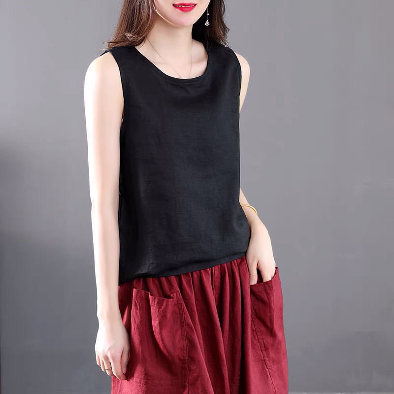 Áo đũi sát nách cổ tròn chất đũi mát kiểu công sở
