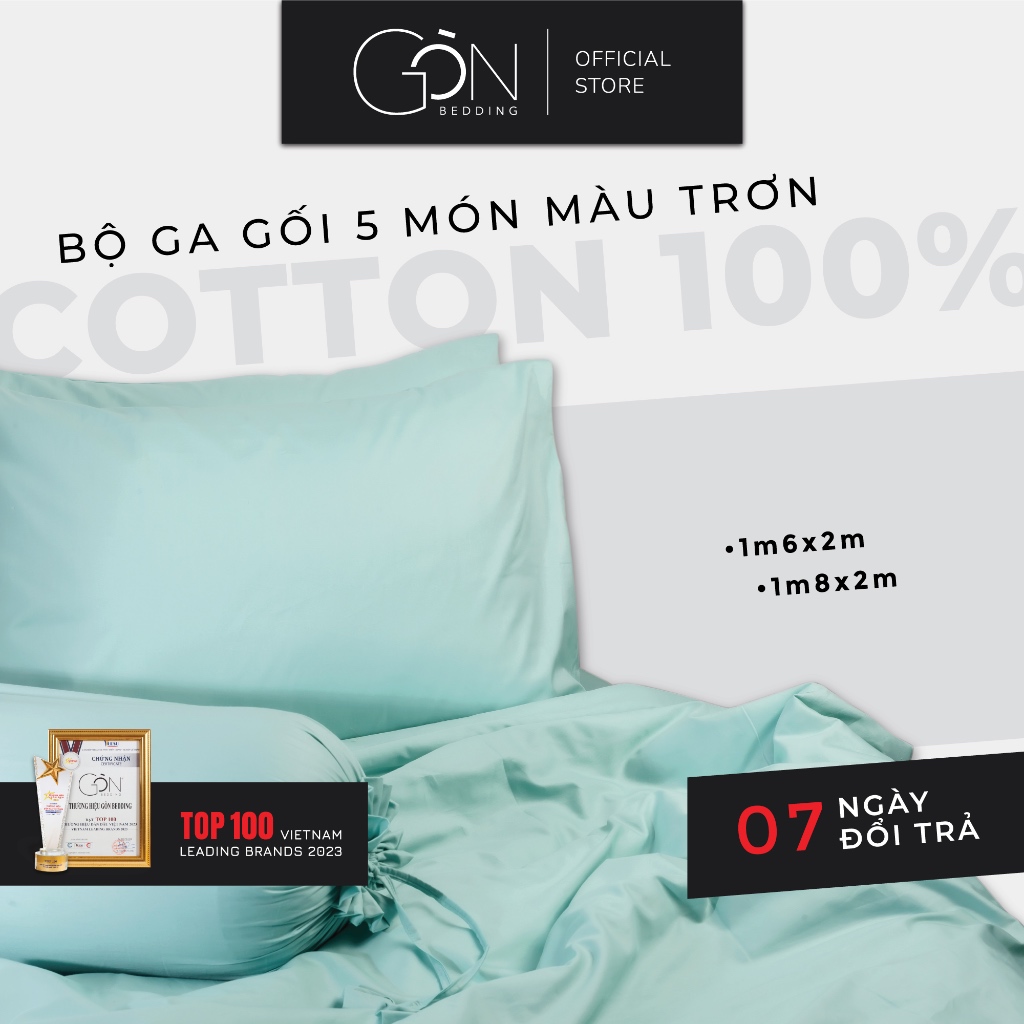 [Nhiều Màu] Bộ Chăn Ga 5 Món Gòn Bedding Cotton 100% Màu Trơn 1m6x2m | 1m8x2m