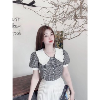 Áo sơ mi nữ sọc caro phối cổ xếp bèo trắng