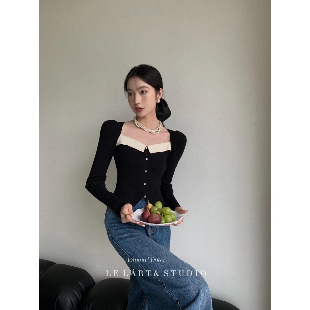 Áo len tăm dệt kim dài tay vai bồng cổ vuông cổ điển thời trang Hàn Quốc Sisters_shop