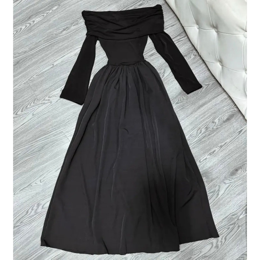 Váy maxi trễ vai dáng xòe , váy thu đông phong cách tiểu thư, gợi cảm hot trend