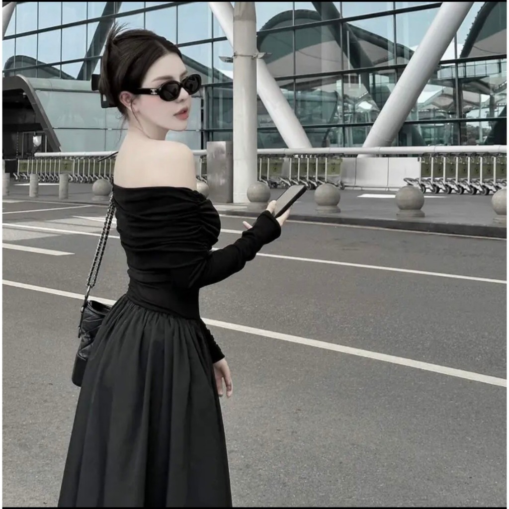 Váy maxi trễ vai dáng xòe , váy thu đông phong cách tiểu thư, gợi cảm hot trend